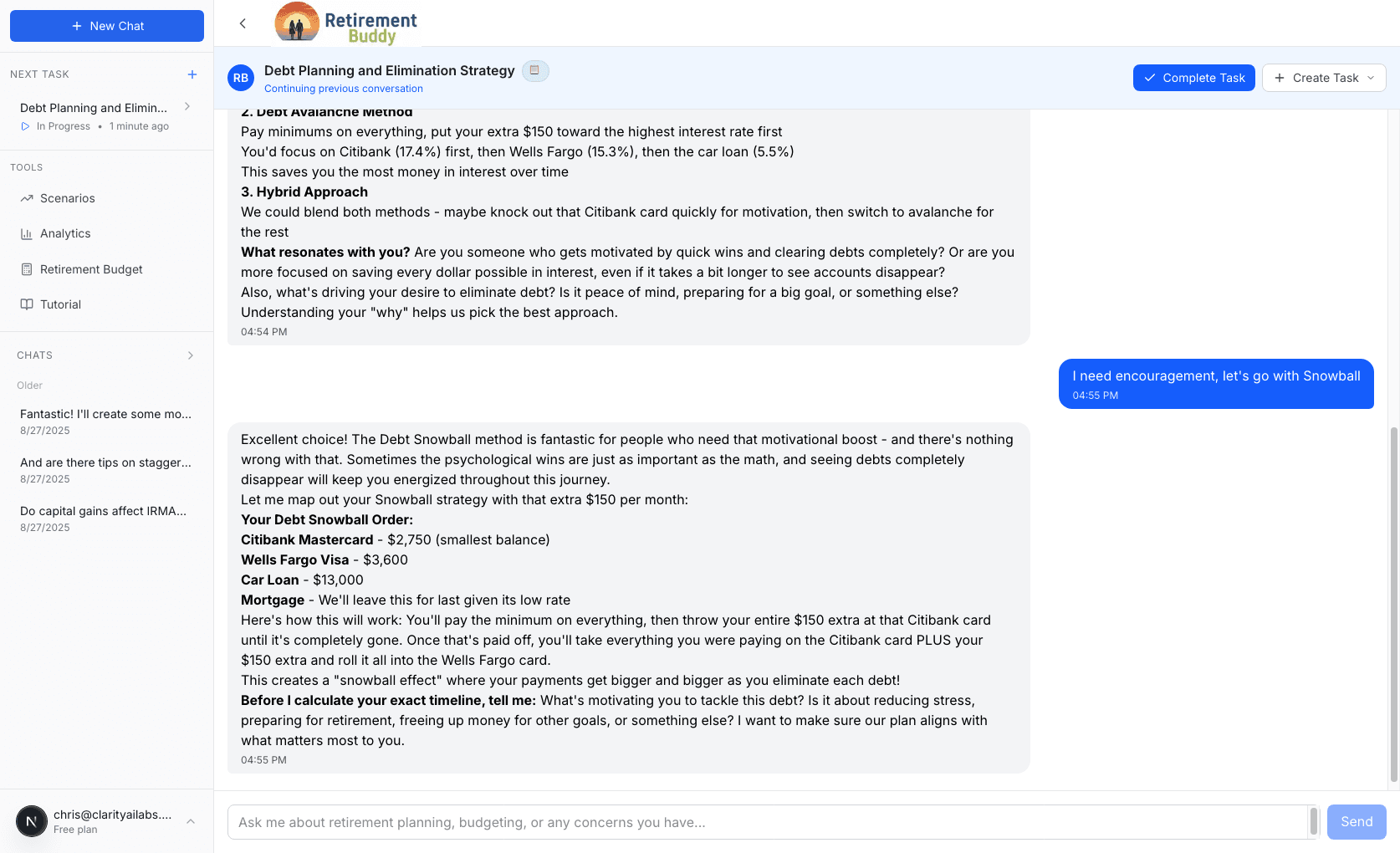 Retirement Buddy debt planning interface showing debt payoff strategies, retirement integration, and balanced approach recommendations