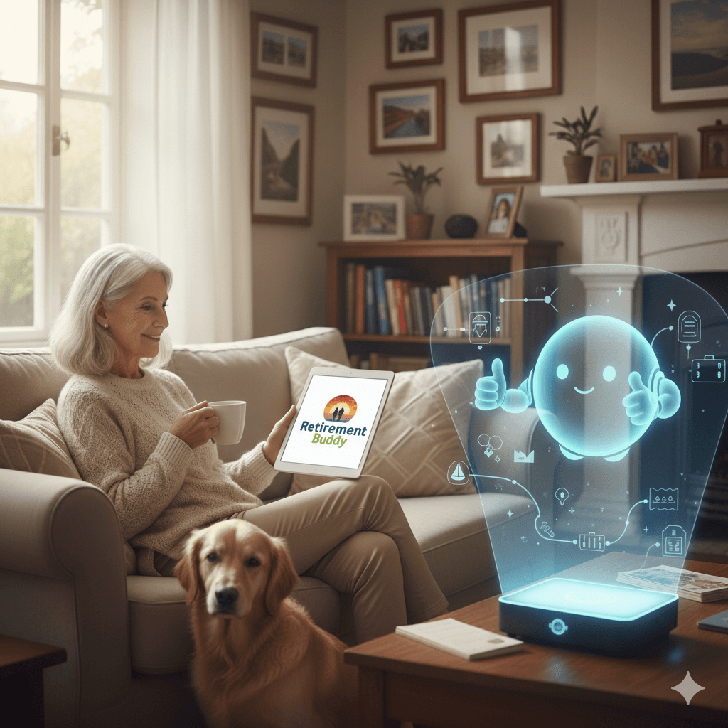 Person relaxing at home with their dog, using Retirement Buddy AI assistant on tablet